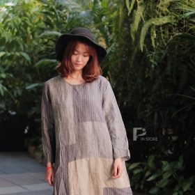 Váy linen chắp vá dài tay, ghi xanh,vintage [MSP: 50100]